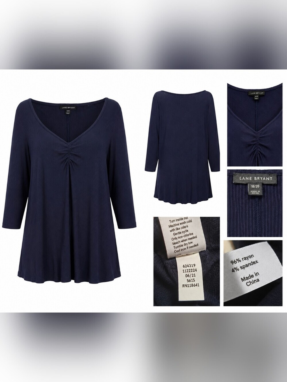 Lane Bryant Ribbed Tunic Top Womens 18/20 Navy Blue Stretch 3/4 Sleeve Plus